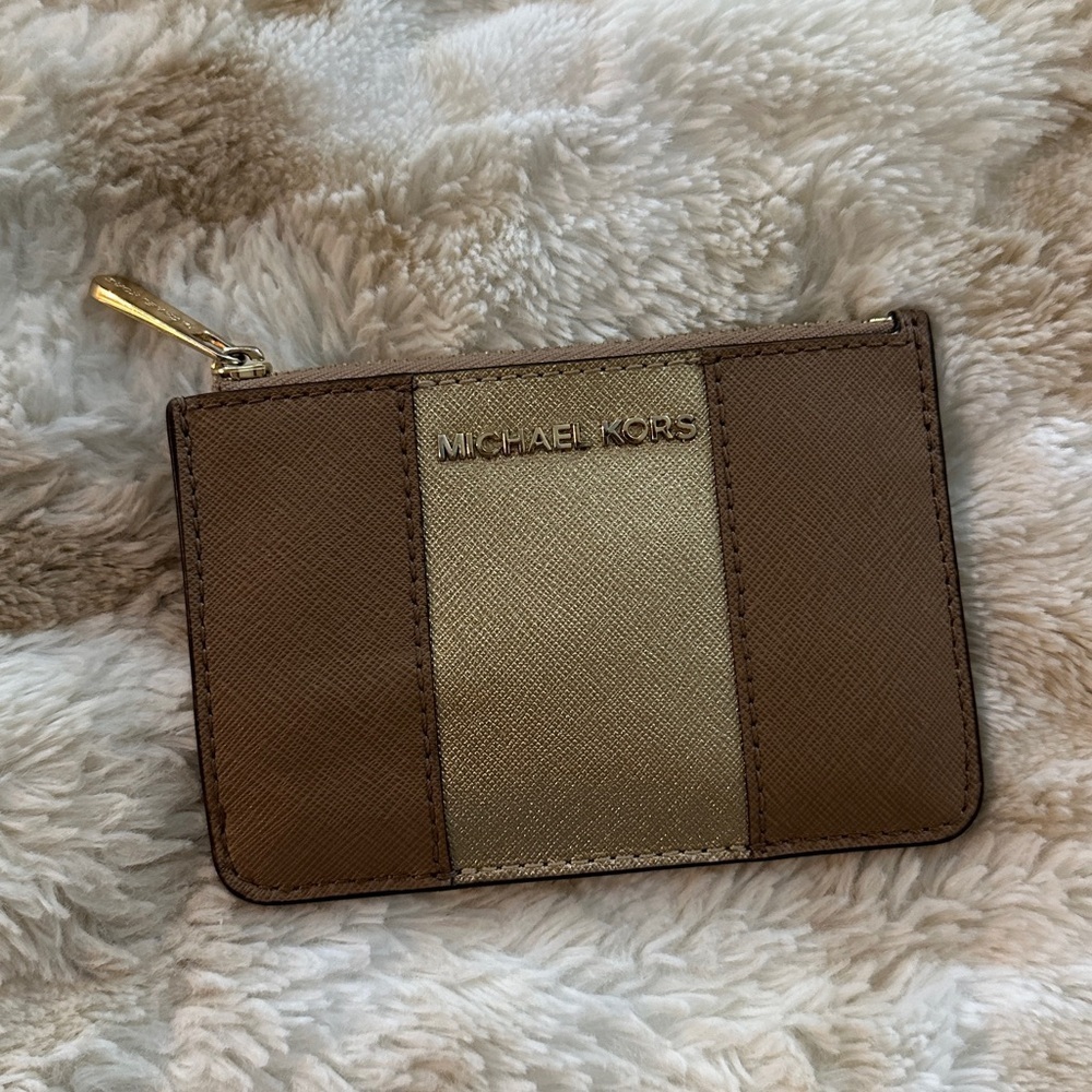 Michael Kors Women's Center Stripe MK TZ Coin Pouch Wallet DK Khaki Gold Leather